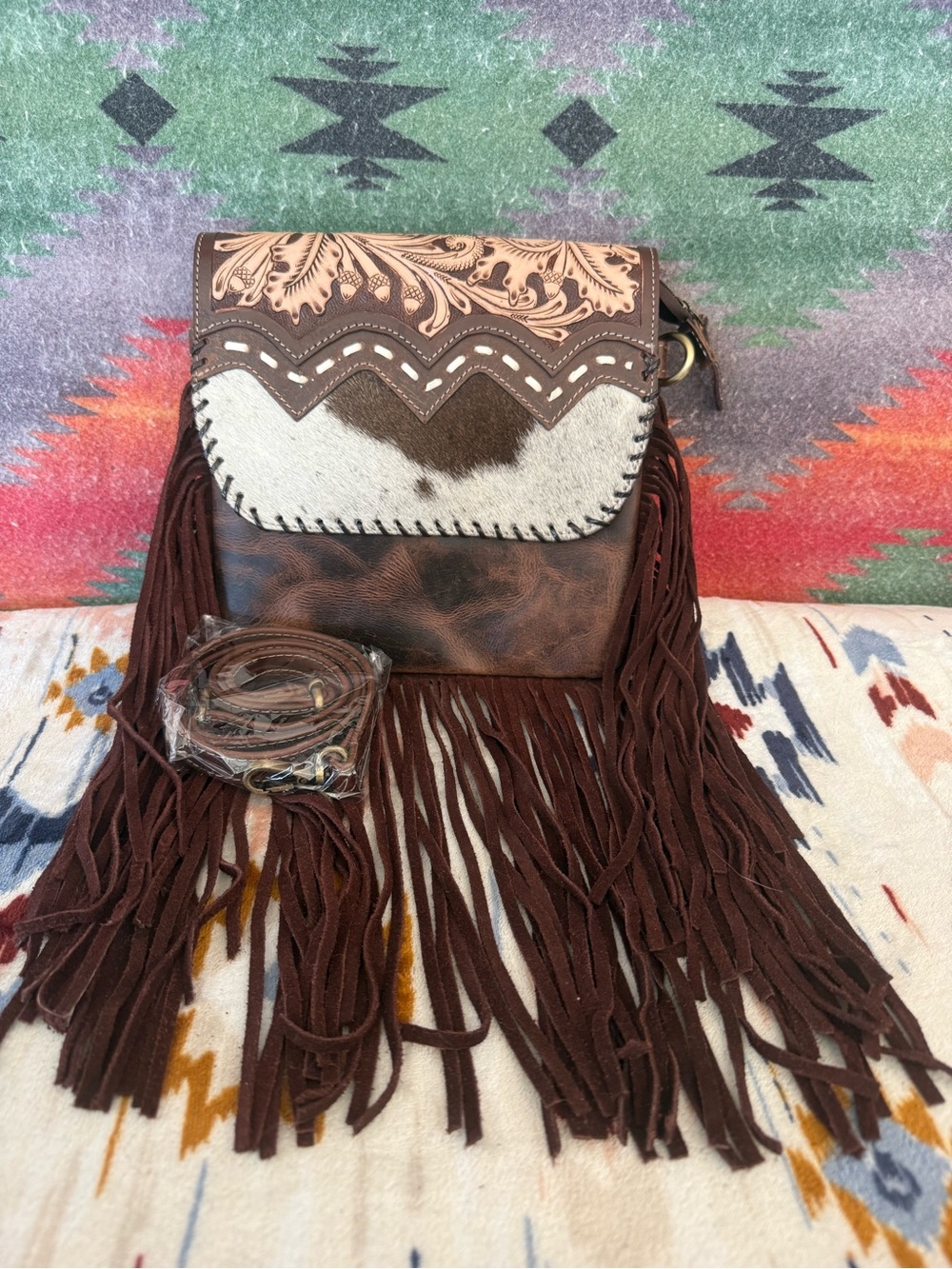 Fringe Crossbody Bag with Cowhide Accent - Brown